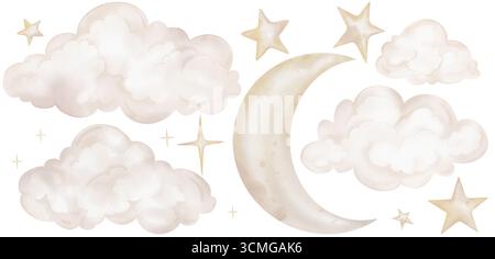 Aquarellset mit Aquarellillustrationen mit niedlichen Wolken, Mond und Sternen in Pastellbeige gelber Farbe. Ich zeichne den Himmel, um einen Traum zu vermitteln Stockfoto