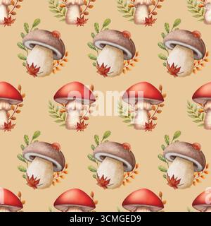 Nahtloses Muster von Pilzen und Herbstblättern im Aquarellstil. Ideal für Textilien, Geschenkpapier, Schreibwaren und Einladungen Stockfoto