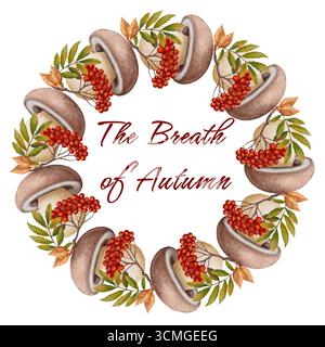 Runder Rahmen aus Pilzen, vogelbeeren und Herbstblättern im Aquarellstil. Perfekt für Einladungen, Grußkarten, saisonales Dekor, Verpackung Stockfoto