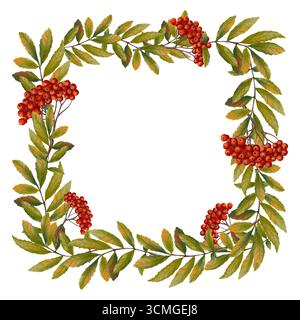 Quadratischer Rahmen aus vogelzweigen mit roten Beeren im Aquarellstil. Perfekt für Grußkarten, Einladungen, Verpackungen, saisonale Dekoration, Stockfoto