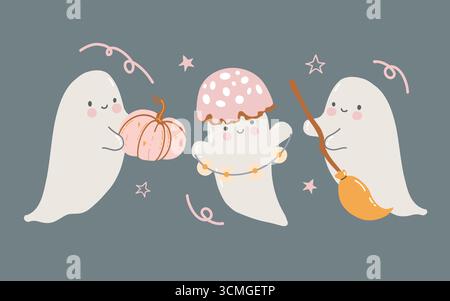 Set mit niedlichen lustigen Geistern zum Thema Halloween für Kinder. Vektor flache Illustrationen, handgezeichnet im Cartoon-Stil. Halloween-Party mit Konfetti. Clipart für Kinder in pastellrosa Farben. Stock Vektor