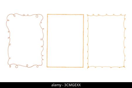 Set aus eleganten Vektorrahmen mit skurrilen, handgezeichneten Formen. Sammlung linearer Vintage-Rahmen in Gelb- und Goldtönen isoliert auf weißem Hintergrund. Rechteckige vertikale Rahmen. Vektor-Monochrom-Illustration. Stock Vektor