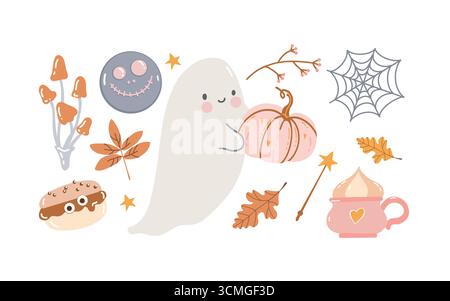 Set mit niedlichen Cliparts für Kinder zum Thema Herbst und Halloween. Niedlicher Geist mit Kürbis und Herbstattributen. Herbstblätter, Pilze, Halloween-Süßigkeiten. Handgezeichnete Vektor-Illustrationen im Cartoon-Stil. Flache Vektorillustration in pastellrosa Farben. Stock Vektor