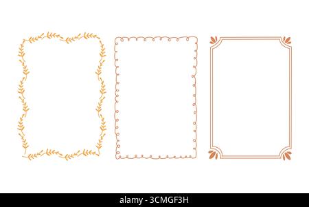 Set aus eleganten Vektorrahmen mit skurrilen, handgezeichneten Formen. Sammlung linearer Vintage-Rahmen in Gelb- und Goldtönen isoliert auf weißem Hintergrund. Rechteckige vertikale Rahmen. Vektor-Monochrom-Illustration. Stock Vektor