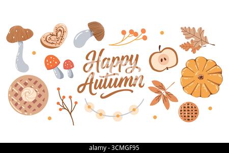 Herbstattribute isoliert auf weißem Hintergrund. Set mit Clip-Art im Herbst. Kürbisse, Blätter, Gebäck, Pilze, Zweige. „Happy Autumn“-Schriftzug. Vektorillustration in beigen und braunen Farben. Kuschelige Herbstelemente. Stock Vektor