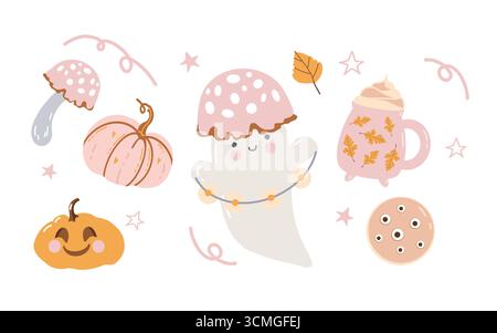 Set mit niedlichen Cliparts für Kinder zum Thema Herbst und Halloween. Niedlicher Geist mit Kürbissen und Herbstattributen. Herbstblätter, Pilze, Halloween-Süßigkeiten. Handgezeichnete Vektor-Illustrationen im Cartoon-Stil. Flache Vektorillustration in pastellrosa Farben. Stock Vektor