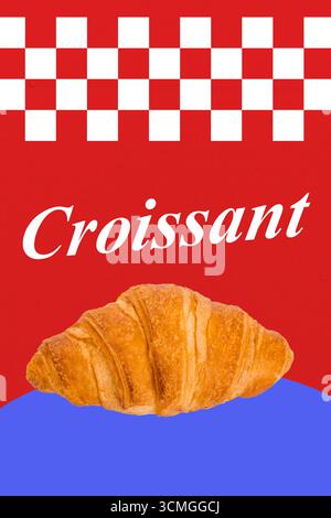 Poster Trend Skizze Vorlage 3D Foto Collage von Hungry Meal Kochen Essen Poster Kruste Croissant Bäckerei Café französisch Küche Frühstück Brunch Stockfoto