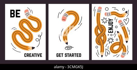 Verdrehte, lustige Bleistiftkarten. Flexible Tanzformen, lange geschwungene Schreibzubehör, Poster für die Schulzeit, kreative Handschrift, Notizbuchhülle oder Stock Vektor