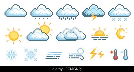 Pixel-Wettersymbole. 8-Bit-Grafik, Web- oder Klima-App-Elemente, Vorhersage einfacher Objekte, Spielelemente, Sonne, Regen, Schnee, Bewölkung Stock Vektor