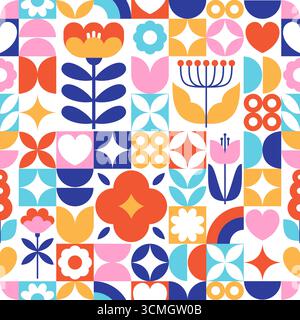 Buntes Blumenmuster. Geometrische einfache Pflanzen, wiederholte helle florale Elemente, abstrakte botanische Kunsttextilien, Geschenkpapier, Tapeten Stock Vektor