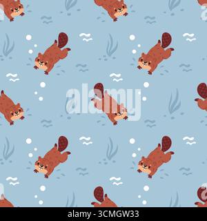 Niedliche, schwimmende Biber, nahtloses Muster. Lustige Zeichentricktiere, wasserbraune Nagetiere, Bauer natürlicher Dämme. Textil, Geschenkpapier, Tapete Stock Vektor