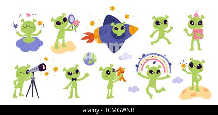 Grüne Aliens-Zeichentrickfiguren. Lustige kleine Humanoiden, verschiedene Posen und Aktionen, Kinder süßes lächelndes Maskottchen, Ufermenschen, fiktives Monster Stock Vektor