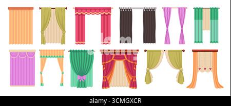 Cartoon-Vorhänge. Verschiedene Farben und Formen gewellte Vorhänge im Innenraum, Zimmerdekoration aus Textil, Vorhänge aus Fenstern, Verdunkelungsjalousien, minimal isoliert Stock Vektor