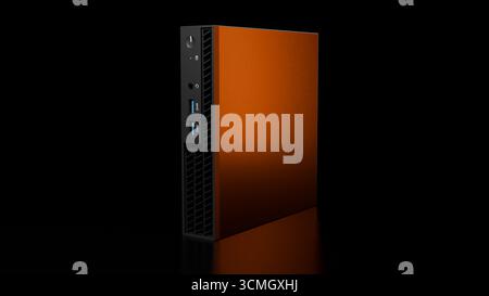 3D-Abbildung eines ISP-Servercomputers mit Metallgehäuse und orangefarbenem leuchtendem Licht. Das Technologiegerät ist isoliert auf schwarzem Hintergrund geeignet Stockfoto