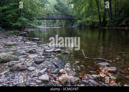 Eine Fußgängerbrücke überquert den Davidson River im Pisgah National Forest in North Carolina. Stockfoto