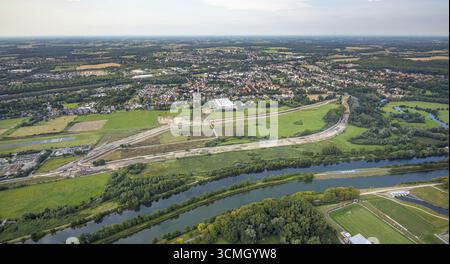 Luftaufnahme, Baustelle mit Verlauf des Hochwasserdeiches zwischen Münsterstraße und Faehrstraße am Lippe- und Datteln-Hamm-Kanal in die Stockfoto
