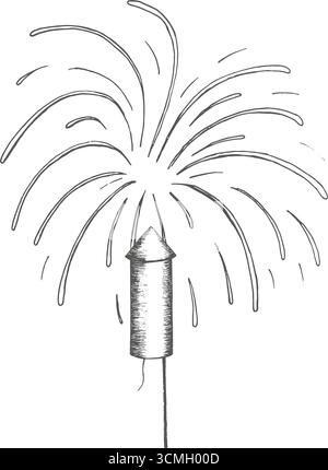 Feuerwerk explodiert vom Feuerwerkskörper nach oben. Grafische handgezeichnete Illustration Petard-Skizze. Für Neujahr, Weihnachtsdekoration, Geschenk, Kartendesign, Logo Stock Vektor