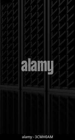3D-Rendering von vertikalen ISP-Server-Racks mit detaillierter Metallrasterstruktur. Die professionelle Servertechnologie ist auf schwarzem Hintergrund isoliert Stockfoto