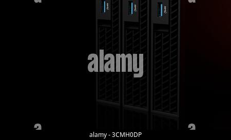 3D-Darstellung mehrerer ISP-Server-Racks, die in einer Reihe mit orangefarbenen Reflexionen ausgerichtet sind. Das professionelle Technologiekonzept ist auf LAC isoliert Stockfoto