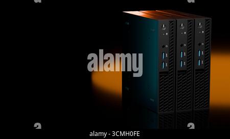 3D-Rendering von ISP-Server-Racks in perspektivischer Ansicht mit leuchtenden orangefarbenen und blauen Lichtern. Die modernen Datentechnologiegeräte sind auf schwarzem bac isoliert Stockfoto