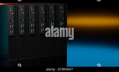 Hochwertiges 3D-Rendering von ISP-Server-Racks in einer Reihe mit starken blau und orange leuchtenden Reflexionen. Die moderne Datenhardware ist isoliert o Stockfoto