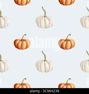 Kürbisse Orange und weißes Herbstgemüse. Aquarell handgemalt Lebensmittel nahtloses Muster auf blauem Hintergrund Herbstdesign gemütliche Drucke nette Hausküche Stockfoto