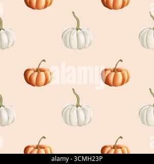 Kürbisse Orange und weißes Herbstgemüse. Aquarell handgemalt Lebensmittel nahtloses Muster auf beigem Hintergrund Herbstdesign gemütliche Drucke nette Wohnküche Stockfoto
