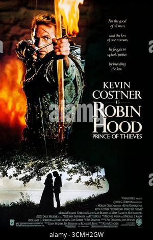 Robin Hood: Prince of Thieves (1991) unter der Regie von Kevin Reynolds mit Kevin Costner, Morgan Freeman und Mary Elizabeth Mastrantonio. Der legendäre Gesetzlose führt eine Rebellion gegen die Tyrannei an, während er die Reichen stiehlt, um den Armen zu helfen. Foto eines Original-Posters aus dem Jahr 1991 (USA), das NUR FÜR REDAKTIONELLE ZWECKE VERWENDET WIRD. Quelle: BFA / Warner Bros Stockfoto