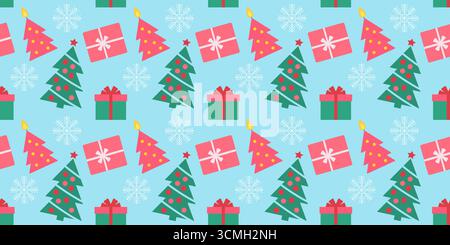 Buntes Weihnachtsmuster mit Weihnachtsbäumen, Geschenken und Schneeflocken auf hellblauem Hintergrund Stock Vektor