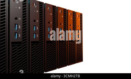 3D-Nahaufnahme-Illustration moderner futuristischer Server mit leuchtenden orangefarbenen Highlights auf weißem Hintergrund. Perfekt für IT, Netzwerk und Cloud Co Stockfoto