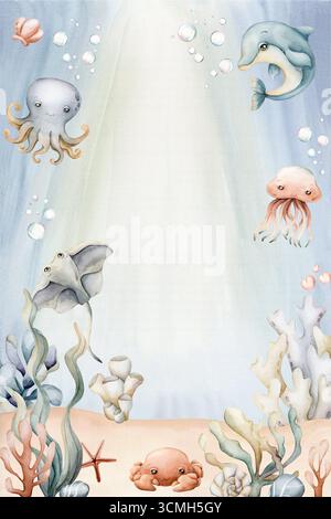 Meerestiere mit Algen auf dem Meeresboden. Dolphin Stachelrochen Qualle Oktopuskrabbe. Aquarell handgemalt Illustration entzückend Pastellfarbe Poster Pos. Stockfoto