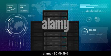 Digitales High-Tech-Dashboard mit einem Server-Rack für globale Rechenzentren und Cloud-Computing-Infrastruktur für Web-Hosting von Big Data und IT-Technologie Stock Vektor