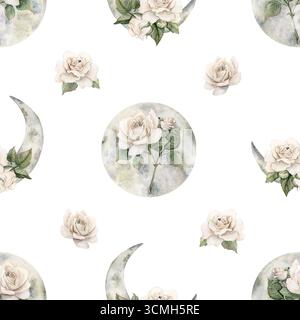 Weiße Rosen mit Halbmond. Aquarell handgemalt viktorianisches nahtloses Blumenmuster auf weißem Hintergrund Gartenblumen für geheimnisvolles Design Haus Stockfoto