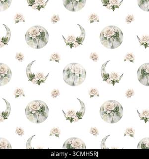 Weiße Rosen mit Halbmond. Aquarell handgemalt viktorianisches nahtloses Blumenmuster auf weißem Hintergrund Gartenblumen für geheimnisvolles Design Haus Stockfoto