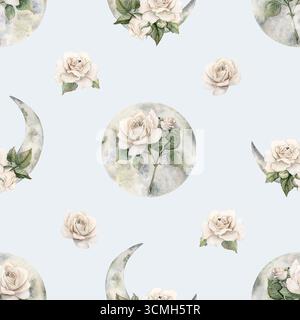 Weiße Rosen mit Halbmond. Aquarell Hand bemalt viktorianische florale nahtlose Muster auf blauem Hintergrund Gartenblumen für Mystery Design Home t Stockfoto