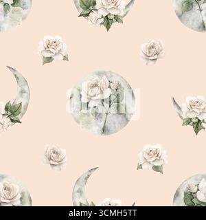 Weiße Rosen mit Halbmond. Aquarell handgemalt viktorianische nahtlose Blumenmuster auf beigem Hintergrund Gartenblumen für geheimnisvolles Design Haus Stockfoto