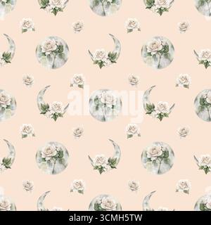 Weiße Rosen mit Halbmond. Aquarell handgemalt viktorianische nahtlose Blumenmuster auf beigem Hintergrund Gartenblumen für geheimnisvolles Design Haus Stockfoto