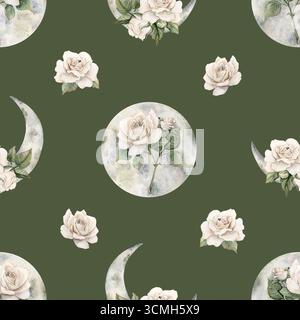 Weiße Rosen mit Halbmond. Aquarell handgemalt viktorianisches florales nahtloses Muster auf grünem Hintergrund Gartenblumen für geheimnisvolles Design Haus Stockfoto