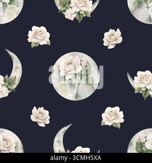 Weiße Rosen mit Halbmond. Aquarell handgemalt viktorianisches nahtloses Blumenmuster auf dunklem Hintergrund. Gartenblumen für geheimnisvolles Design Zuhause Stockfoto