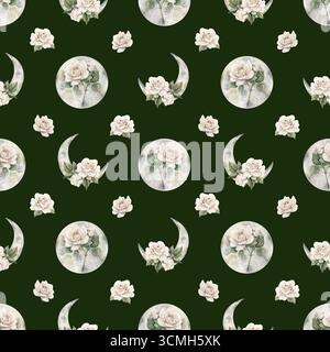 Weiße Rosen mit Halbmond. Aquarell handgemalt viktorianisches nahtloses Blumenmuster auf dunklem Hintergrund. Gartenblumen für geheimnisvolles Design Zuhause Stockfoto