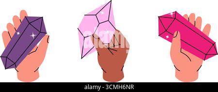 Handset mit Kristallen. Magische Mineralkristalle. Diamanten, Brillanten, Quarz, Mineralien, Kristalle und Edelsteine. Vektorabbildung. Stock Vektor