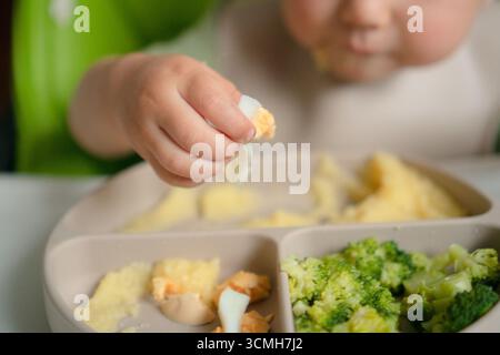 Nahaufnahme einer kleinen Hand, die Maisbrei und Brokkoli-Stücke hält. Detaillierte Aufnahme, die frühzeitige Entwicklung unabhängiger Essfähigkeiten zeigt. Stockfoto