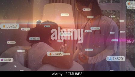 Patientin, die im Krankenhausbett liegt, mit Stethoskop-Tragen und Alarmsymbolen Stockfoto