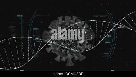 Anzeige rotierender Wireframe-Virus-Sphäre mit Spitzen im HUD, mit DNA-Helix und Datenfeldern Stockfoto