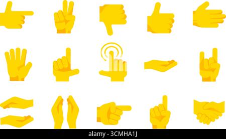 Handgesten, Symbolsatz. Kollektion mit Daumen nach oben und unten, Friedensschild, Zeigefinger, Handschlag, Rock-Schild und mehr. Stock Vektor