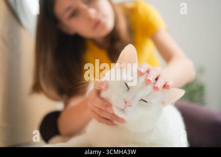 Eine heranwachsende Frau, die ihre unberührte weiße Katze in liebevoller Umarmung hält. Schöne Demonstration von Tierfreundschaft und Hingabe. Stockfoto