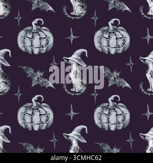 Nahtloses halloween-Muster mit schwarzen Katzen in Hexenhüten Fledermaus Sternen und lustigen Kürbissen auf einem lila Hintergrund von Hand gezeichnet Stockfoto