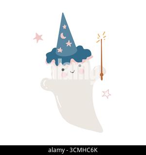 Eine Zeichentrickfigur in einem Zauberhut mit einem Zauberstab. Halloween-Geist, Geist. Frohes Halloween für Kinder. Vektorabbildung in abgewickelter Form. Niedliche Illustration des Vektors isoliert auf weißem Hintergrund Stock Vektor