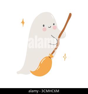 Lustige Zeichentrickfigur auf einem Besen. Halloween-Geist, Geist. Frohes Halloween für Kinder. Vektorabbildung in abgewickelter Form. Niedliche Illustration des Vektors isoliert auf weißem Hintergrund. Clipart in Pastellfarben Stock Vektor