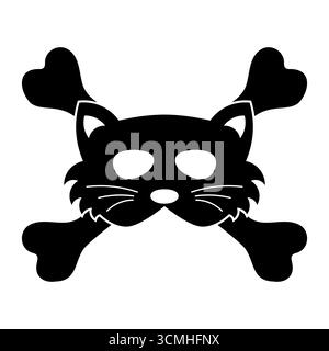 Katzenschädel und Crossbones im Piratenstil. Schwarze Silhouette Vektor-Illustration eines Katzengesichts kombiniert mit einem Schädel und Kreuzknochen Design. Stock Vektor